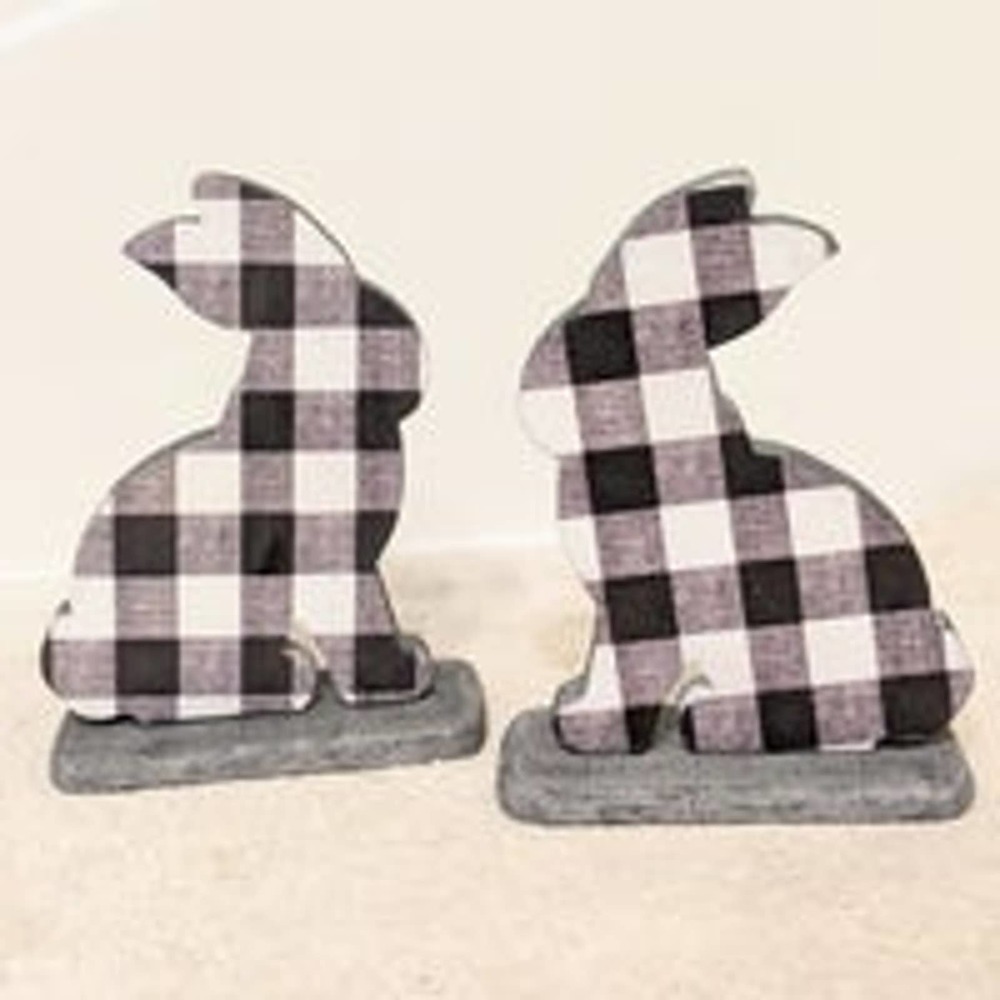 2 black white plaid wooden bunny rabbit Easter Spring Decor